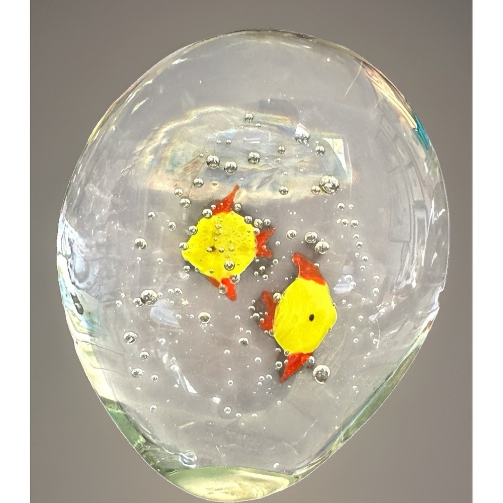 Vintage 2 Yellow Fish Glass Paperweight Oval Orb Bubbles Handblown Art Glass 4"